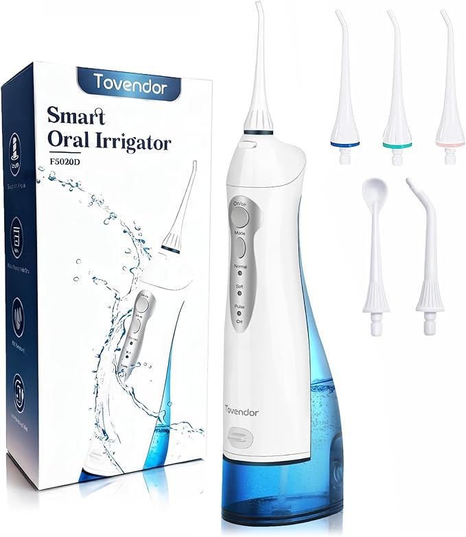 TOVENDOR Electric Water Flosser, Cordless Rechargeable Dental Oral Irrigator IPX7 Waterproof 300ML Travel Water Teeth Cleaner with 5 Tips for Braces Care Teeth Gums Cleaning, Home Office Daily Use