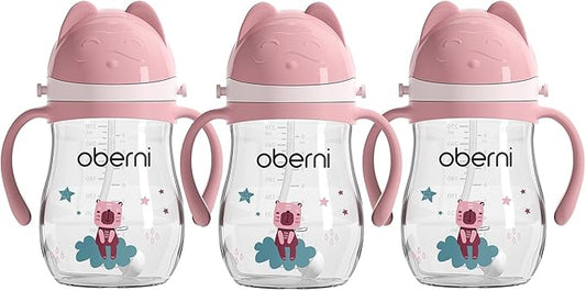 Toddler Sippy Cup, Tritan Baby Water Bottle With Non-Spill Valve Spout, Removable Handle and Carry Strap, 270ml/12m+/Pink/Pack of 3