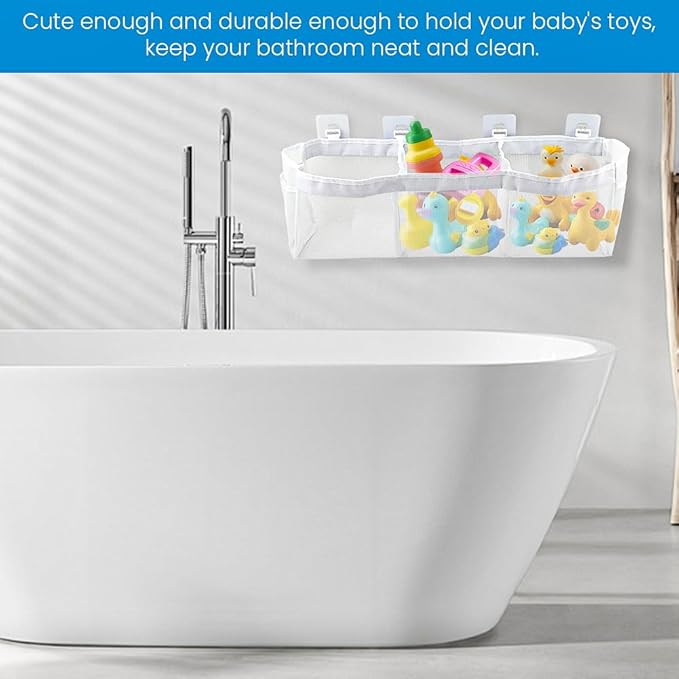 JIANWEI Bath Toy Organizer, 3 Compartment Bathtub Toy Storage Bag, Quick Access Bath Toy Holder with 4 Hooks, Mesh Shower Caddy Practical Supplies for Toy Organizer and Sorting(White)