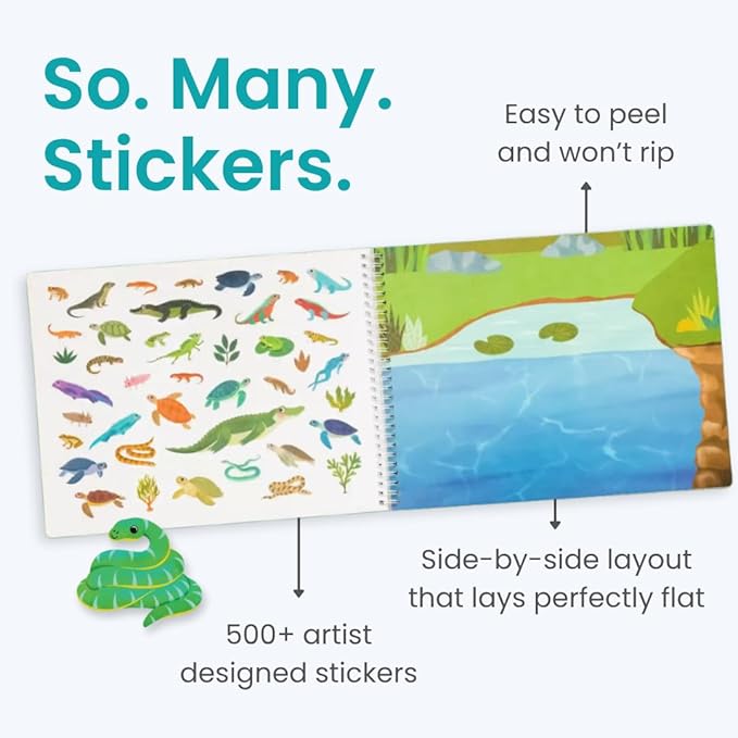 Cupkin Reptiles Sticker Book Activity for Kids, Toddler Airplane Travel Essentials, 500+ Frog Stickers for Kids + 12 Scenes + 12 Coloring Book Pages, Turtle Lover Gift, Crafts Ages 2-8