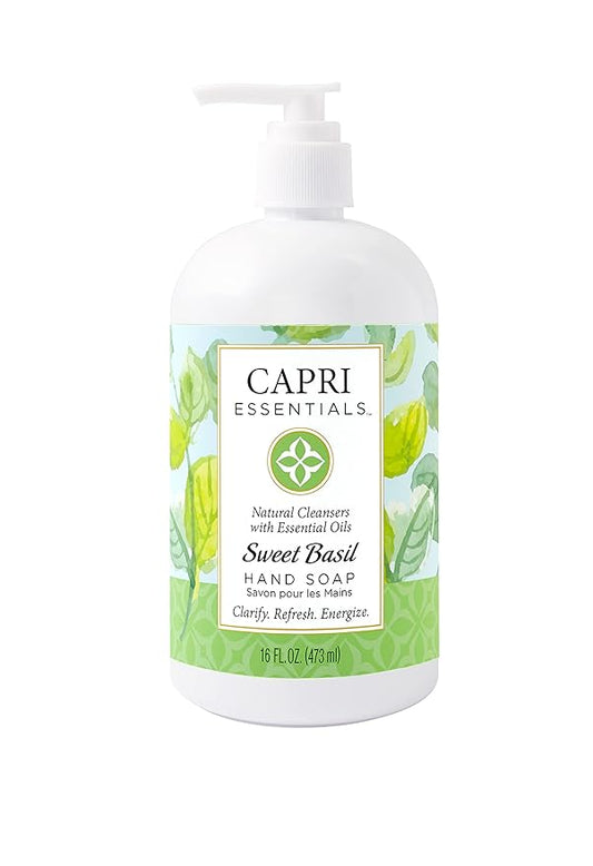 CAPRI ESSENTIALS Hand Soap Liquid, Natural Household Cleaning Supplies, Gentle Plant Based Aromatic Hand Wash with a Blend of Essential Oils, Removes Dirt & Grime, Sweet Basil Scent, 16 FL Oz