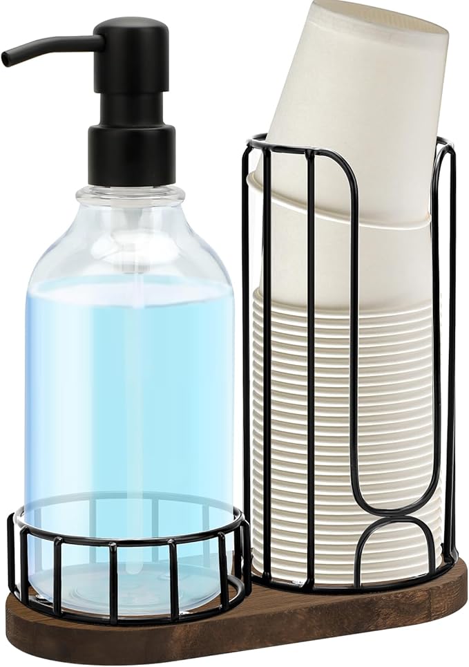Country-Style Bathroom Cup Holder with 17 oz Reusable Mouthwash Dispenser, 2-Compartment 3oz Disposable Mouthwash Cup Storage Rack, Iron Bathroom Accessories