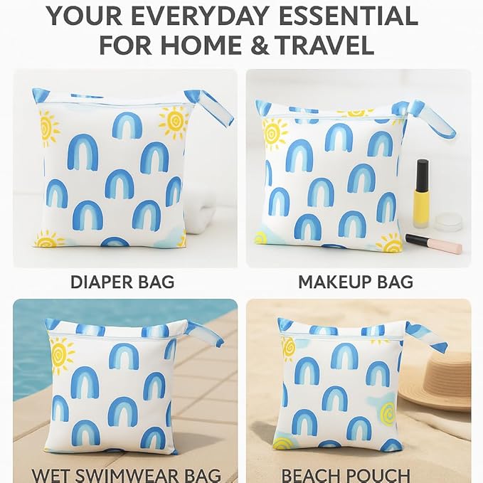 Waterproof Wet Dry Bag, Reusable Diaper Pouch with Zipper, Machine Washable Travel Organizer for Beach, Daycare, Kids, Dinosaur Pattern (Rainbow)