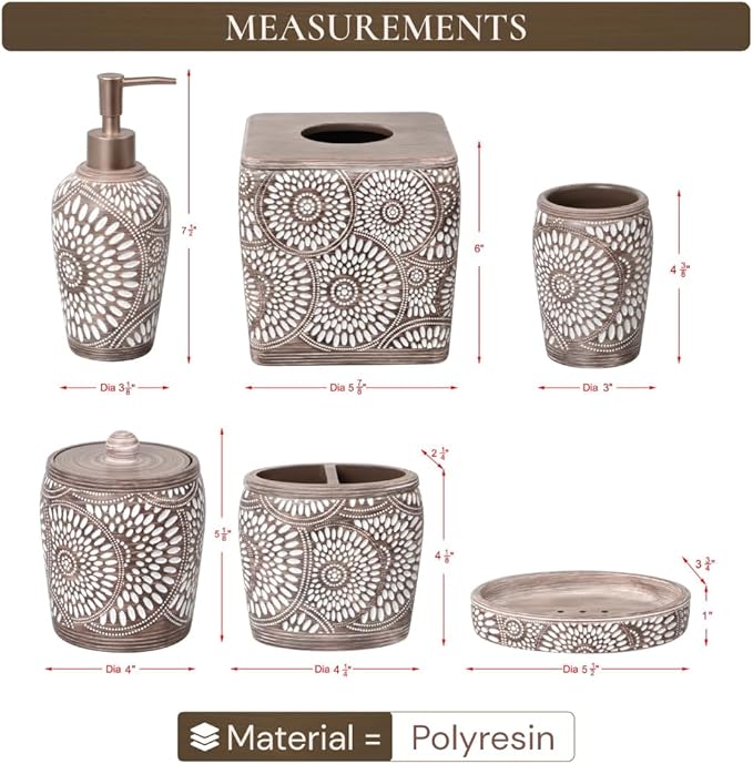 6-Piece Bathroom Accessories Set – Soap Dispenser, Toothbrush Holder, Tumbler, Soap Dish, Cotton Swab Jar & Toilet Brush – Modern Bathroom Decor Set (Ciccone)