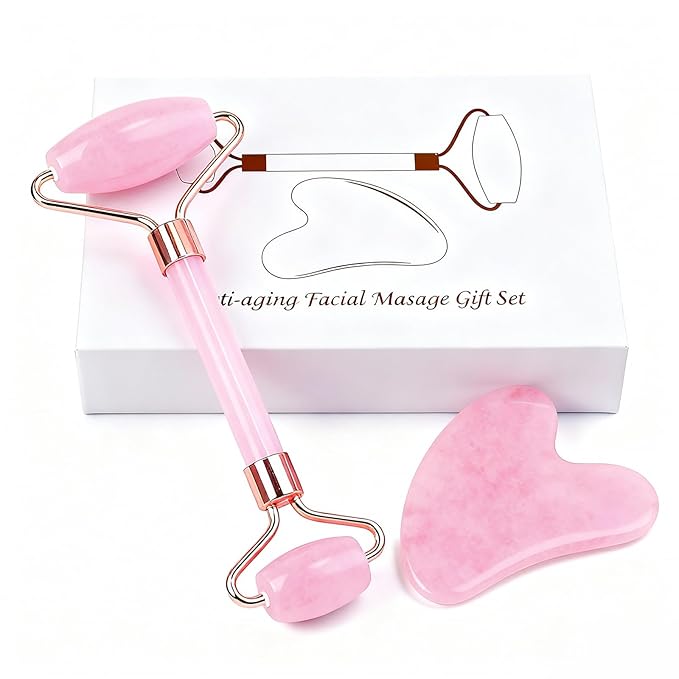 Jade roller and gua sha, facial roller, women's skincare tool, self-care gift, face, eye, neck massager, relieves fine lines and wrinkles, aventurine, opal, rose quartz