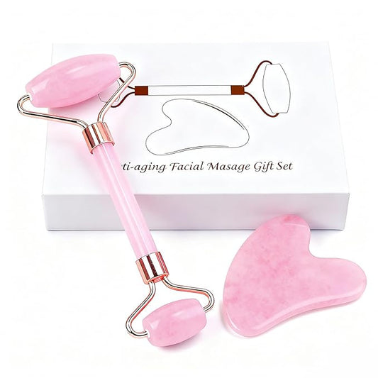 Jade roller and gua sha, facial roller, women's skincare tool, self-care gift, face, eye, neck massager, relieves fine lines and wrinkles, aventurine, opal, rose quartz