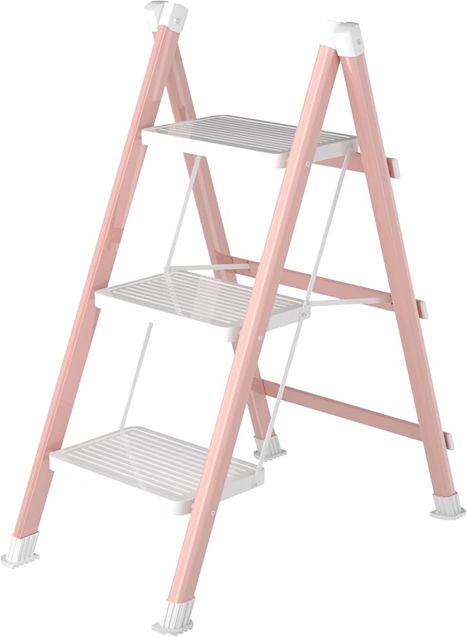 3 Step Ladder, Folding Step Stool with Anti-Slip Wide Pedal, Anti-Slip Feet, Sturdiest Steel Construction, Steel Ladder for Home and Office, Pink White