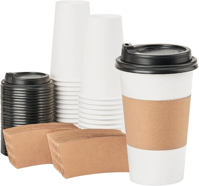 RACETOP Disposabe Coffee Cups with Lids and Sleeves 16 oz 50 Pack, Hot Paper Coffee Cups with Lids, To Go Cup with Lid, Ideal for To Go Coffee, Travel, Office, Home