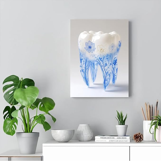 SchindlerBang Dentist Wall Decor,Blue-and-White Porcelain Teeth Painting,Clinic Office Canvas Art,Home Living Room Aesthetic,16x24inch Framed Print Ready to Hang