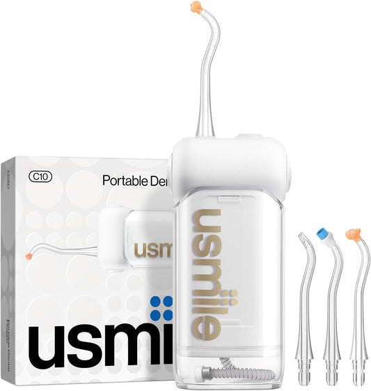 usmile C10 Portable Water Flosser – Travel-Friendly, 95-Day Battery, 4 Modes, 360° Nozzle, 180ml Tank, IPX7 Waterproof, Dentist-Recommended for Braces, Implants & Sensitive Gums (White)