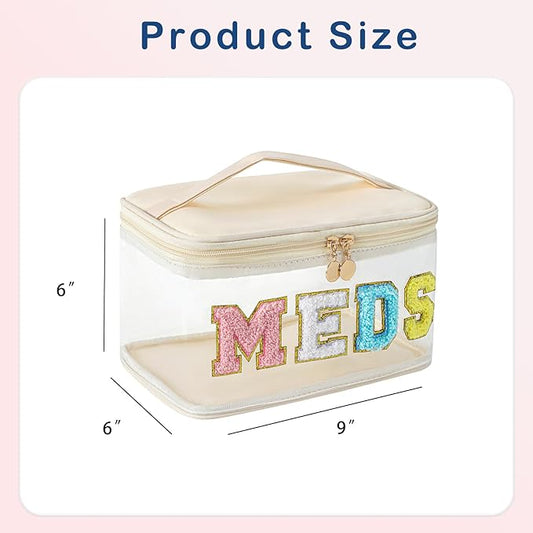 Large Waterproof Chenille Letter Medicine Clear Makeup Bag, Transparent PVC Nylon Preppy Patch Cosmetic Bag with Handle, Portable Meds First Aid Travel Organizer Cosmetic Bag (06MEDS- Beige)