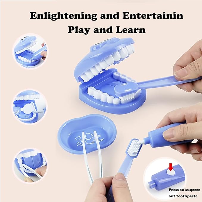 Bundle 19PCS = 9PCS Plastic Simulation Dentist Play Set （Yellow） + 10PCS Plastic Dinosaur Simulation Dentist Play Set (Red)