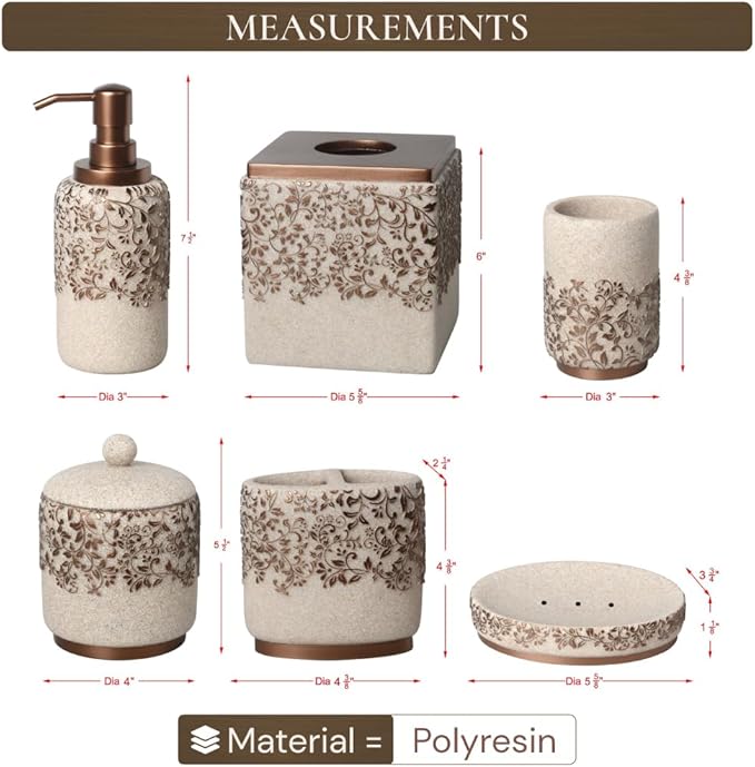Decozen Bathroom Accessories Set - 6-Piece Modern Bathroom Decor, Countertop Essentials with Soap Dispenser - Birthday Gifts, Beige