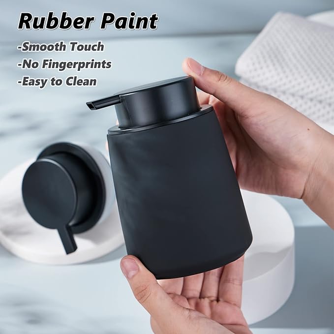 12Oz Black Soap Dispenser - Modern Ceramic Lotion Hand Soap Dispenser with Easy-to-Press Black Pump, Reusable and Refillable Liquid Dish Soap Dispensers for Bathroom, Kitchen (Rubber Paint)