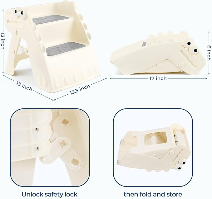 Onasti Toddler Step Stool Foldable Kids Step Stool,Bathroom Stool for Toddlers Non-Slip Toddler Step Stool for Bathroom Sink and Kitchen Counter with Cute Dinosaur Design(White)