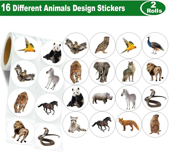 600Pcs Round Animals Stickers Roll 1.5 Inch Animals Label Stickers for Kids Party Favors Teacher Reward Encouragement Motivational Stickers