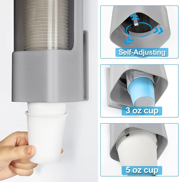 LBTING Water Cooler Cup Dispenser, Pull Type Cup Holder Fit 3oz - 5oz Small Bathroom Disposable Cups, Adhesive Wall Mounted Cup Dispenser - Gray