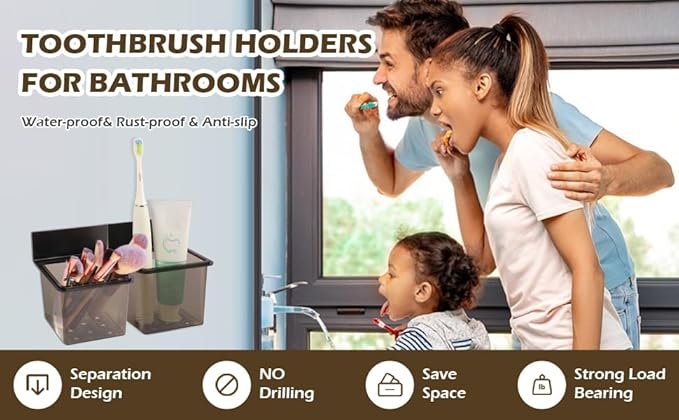 Toothbrush Holder Toothpaste Holder with Wall Mount for Family, Metal Frame & Plastic Black Bathroom Organizer Set with Adhere Tape for Bathroom Toothbrush Toothpaste Floss Razor -one Pack