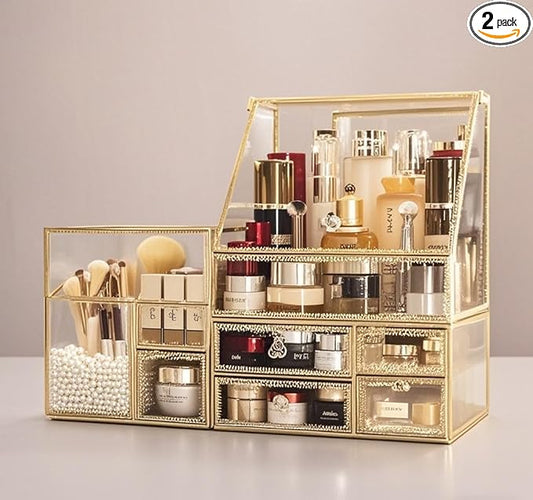 Hersoo Luxury Stackable Glass Cosmetic Organizer 3-Piece Set-Durable,Premium Shatterproof Vanity Storage,Artisan-Design for High-End Bathroom&Makeup Counter Decor(gold)