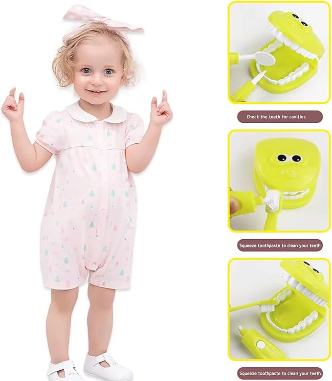 Dental Early Education Brushing Toys, 9Pcs/Set Children Role Play Toy Crocodile Cartoon Tooth Brushing Model Preschool Education Toy Dentist Game for Kids Classroom Yellow