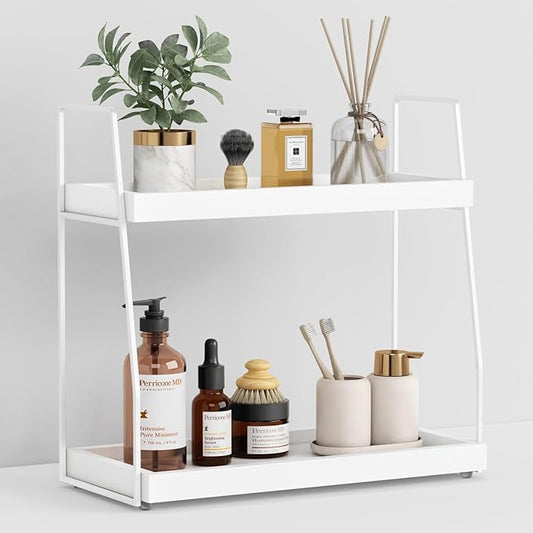 Forbena White 2 Tier Bathroom Organizer Countertop, Small Counter Top Organizer for Bathroom Decor, Modern Kitchen Counter Shelf for Snack, Vanity Makeup Organizers and Storage Tray for Bedroom