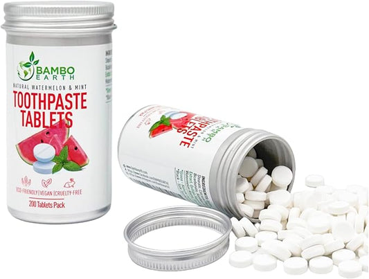 200 Pack Natural Toothpaste Tablet Bits - Chewable Mouthwash Whitening Burts Bees Bite Tablets for Teeth SLS & Fluoride Free Eco & Travel Friendly with Zero Waste Packaging - Mint & (Watermelon)
