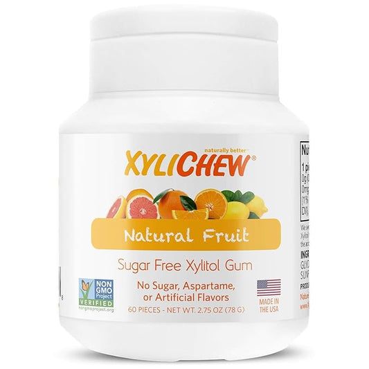 Xylichew 100% Xylitol Chewing Gum - Non GMO, Non Aspartame, Gluten Free, and Sugar Free Gum - Natural Oral Care, Relieves Bad Breath and Dry Mouth - Fruit, 60 Count