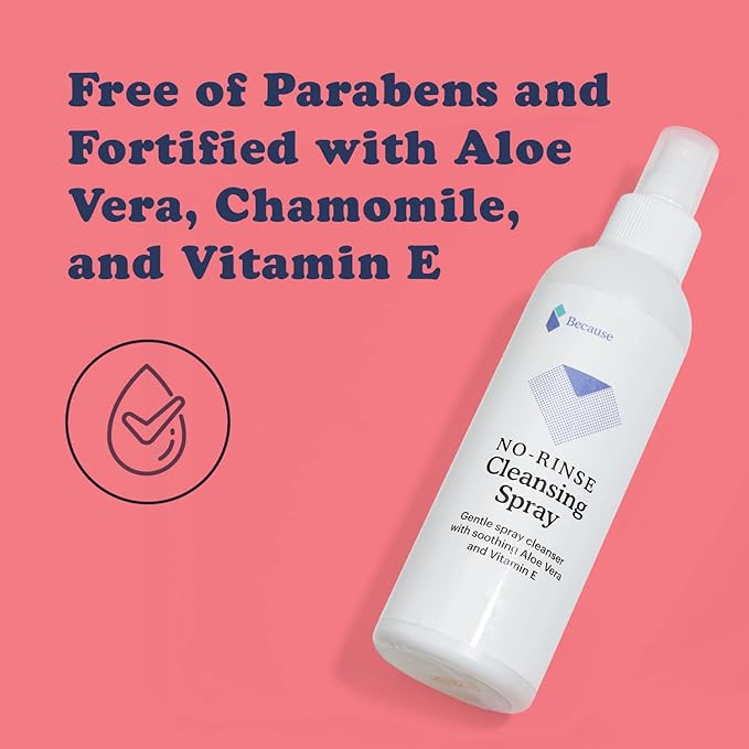 Because No Rinse Incontinence Cleansing Spray - Hydrating Formula, pH Balanced, Paraben-Free, Infused with Nourishing Aloe Vera, Chamomile, and Vitamin E - Non-Drying, 6 fl oz, 3-Pack