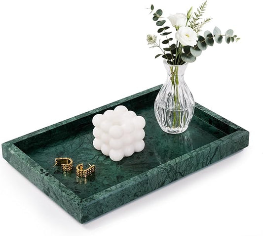 Marble Bathroom Tray for Countertop & Home Decor, Natural Decorative Marble Tray for Jewelry & Perfume Organizer, Luxury Stone Vanity Trays for Dresser, Kitchen Counter, 12" x 8", Green