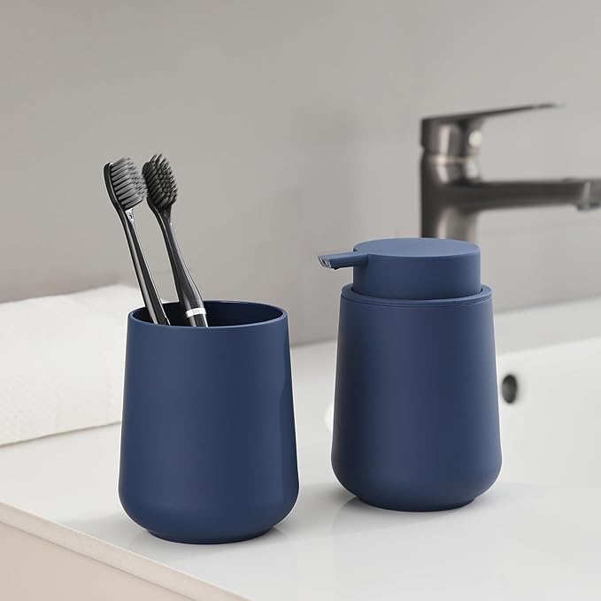 Matte Navy Blue Bathroom Accessories 2 Piece Set Plastic Soap Dispenser and Toothbrush Holder for Modern Bathroom Decor