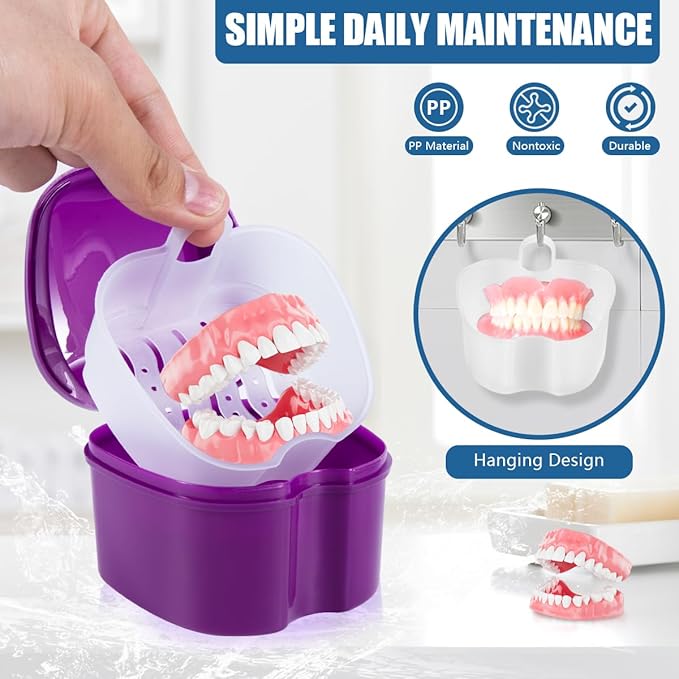 2 Pack Colors Denture Bath Case Cup Box Holder Storage Soak Container with Strainer Basket for Travel Cleaning (Purple and Black)