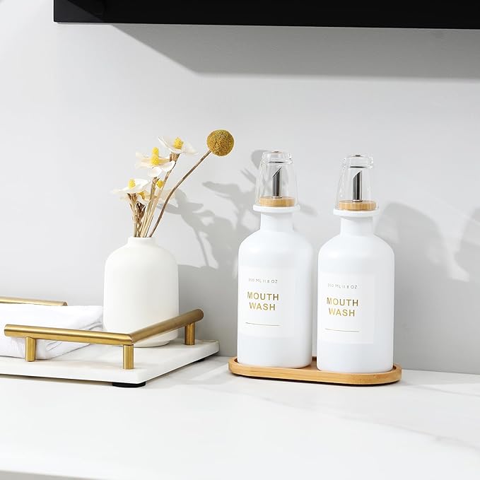 11.8OZ Mouthwash Dispenser for Bathroom with Bamboo & Stainless Steel Pour Spout, Mouthwash Cups Reusable, Bamboo Tray, and Elegant Gold Label. Set of 2（White