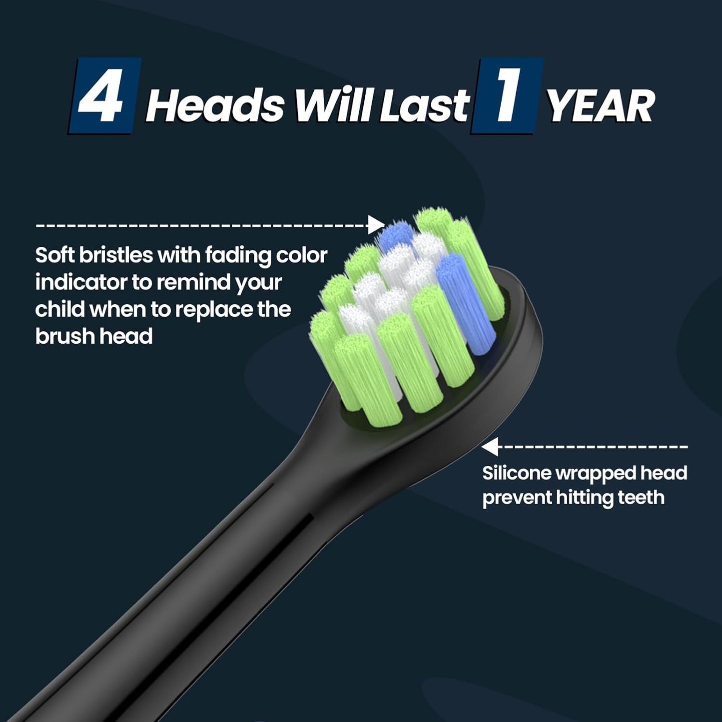 YUNCHI K5 Kids Rechargeable Electric Toothbrush with Waterproof Stickers, 3 Modes with 2 Minutes Timer, for Boys Age 4-6-8-12, Toddler Children Sonic Toothbrush with 4 Replacement Heads Soft, Black