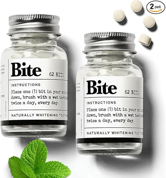 Bite Toothpaste Tablets, Xylitol & 5% Nano Hydroxyapatite Toothpaste Bits for Sensitive Teeth, Fluoride Free Tooth Whitening, Travel Size Dental Care for Adults & Kids, Made in USA, 124 Bits