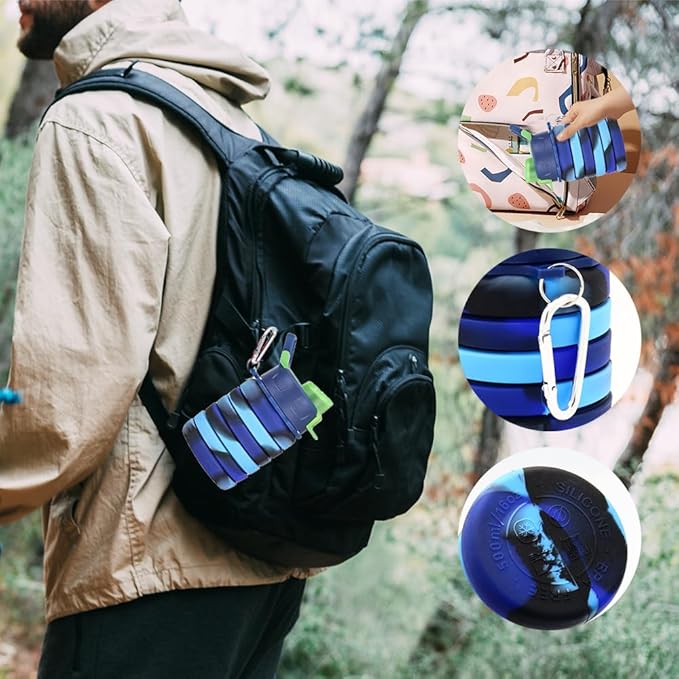 Silicone Collapsible Water Bottles, 16oz 500ml Portable Foldable Expandable Water Bottle Sports Cups, Leak Proof Reusable BPA Free, for Outdoor Activities Travel (2# Blue)