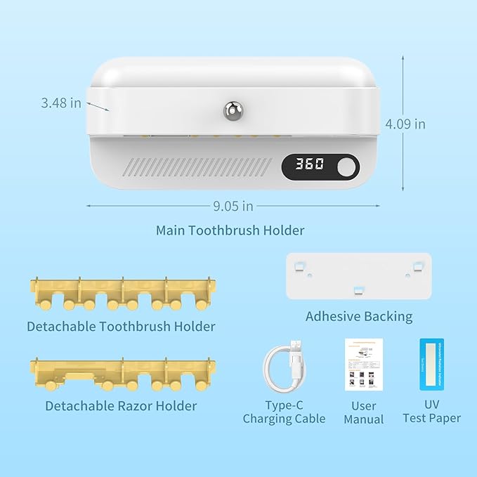 UV Toothbrush Sanitizer and Holder, Wall-Mounted Electric Toothbrush Cleaner with Air Drying & Countdown Timer, Long Battery Life, USB Rechargeable, 4 Slots Bathroom Toothbrush Holders