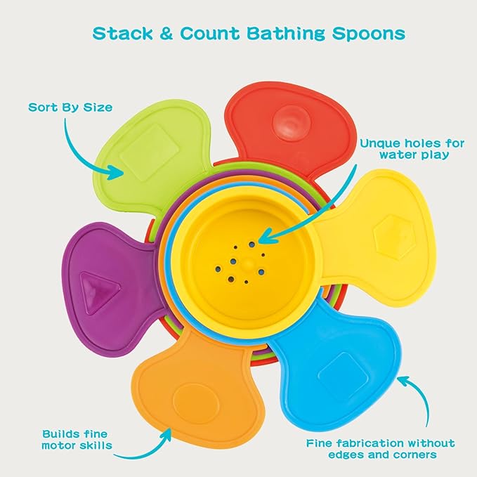 Bath Toys, 14 PCS | Safe & Educational Stacking Cups and Spoons with Numbers | Mold Free & Easy Grip Bath Toys for Baby and Toddler | Early Learning Bathtub Water Pool Toys for Baby Stocking Stuffers