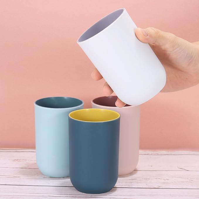 uxcell 2Pcs Plastic Drinking Cups, Double Color Unbreakable Reusable Bathroom Cup Mouthwash Cup Toothbrush Tumbler Holder, Light Blue