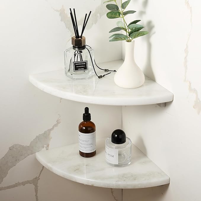 Koville 2 Pcs White Marble Corner Shower Shelves for Bathroom, 10'' Polished Marble Corner Shelves, Wall Mounted Stone Corner Shower Caddy, No Drilling Adhesive Shower Shelf - Namib Fantasy