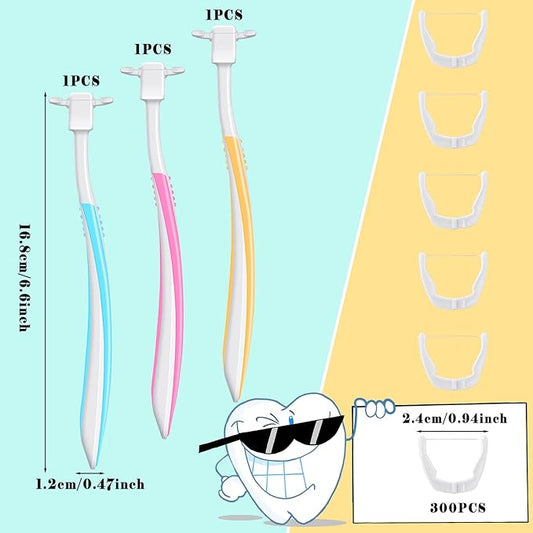 Cunhill 3 Pieces Tooth Floss Handle Reusable with 300 Pieces Dental Floss Refill Heads Unflavored Colorful Floss Interdental Toothpick Flosser for Teeth Cleaning, 3 Colors
