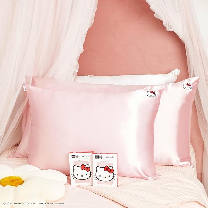 Kitsch x Hello Kitty (Pink Kitty Face) - Satin Pillowcase with Zipper for Hair and Skin, Softer Than Silk Pillow Case, Smooth Cooling Pillow Covers, Machine Washable, King Size (19x36)