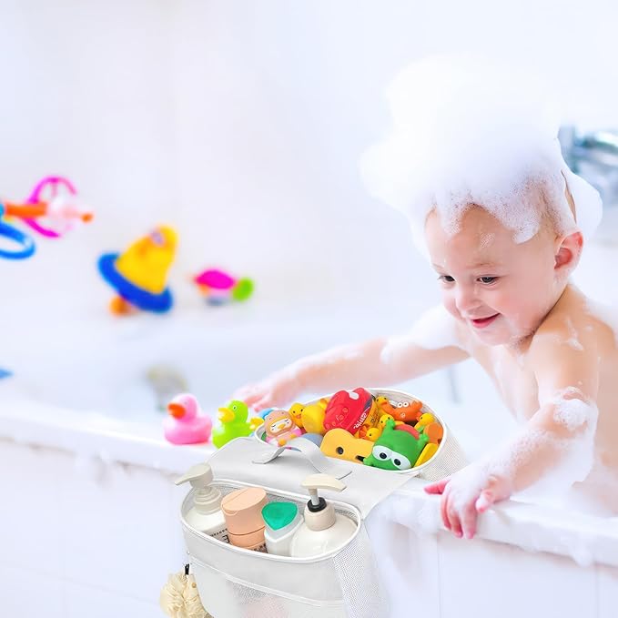 Blingbin Bath Toy Organizer, 2 Compartments Bathtub Toy Storage Organizer, Quick Access Bath Toy Holder for Bathtub, Quick Dry Wide Opening Mesh Shower Toy Holder for Kids Toddlers