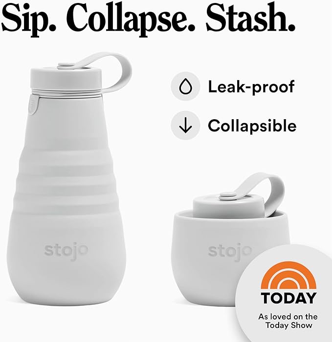 STOJO Collapsible Water Bottle – Cashmere Gray, 20oz / 592ml - Leak-Proof Reusable Silicone Travel Cup for Hot & Cold Drinks - Microwave & Dishwasher Safe