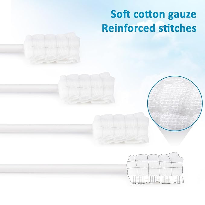 MAQIHAN 50 Gauze Mouth Swabs - Oral Swabs Disposable Toothbrushes Individually Wrapped Swabsticks for Dry Mouth Cotton Gauze on a Stick Dental Oral Care Supplies Mini Thrush Mouth Treatment