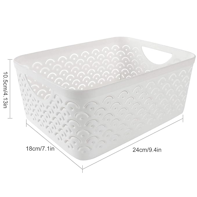 STARVAST 5 Pack Plastic Storage Baskets, Portable White Fish Scale Pattern Hollow Desktop Storage Bin Box with Handle for Kitchen, Bathroom, Kids Room or Nursery Storage – 9.4 x 7.1 x 4.1 inches