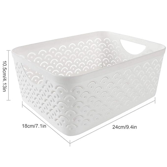 STARVAST 5 Pack Plastic Storage Baskets, Portable White Fish Scale Pattern Hollow Desktop Storage Bin Box with Handle for Kitchen, Bathroom, Kids Room or Nursery Storage – 9.4 x 7.1 x 4.1 inches