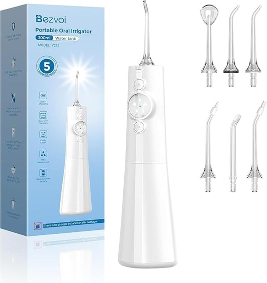 Water Flosser Teeth Pick: LED Display 5 Modes Cordless Dental Pick with 300ML Tank for Braces,Gums Care, IPX7 Waterpoof, 6 Jet Tips Water Flossing Cleaning Picks, Portable for Travel, Home, Y215 White