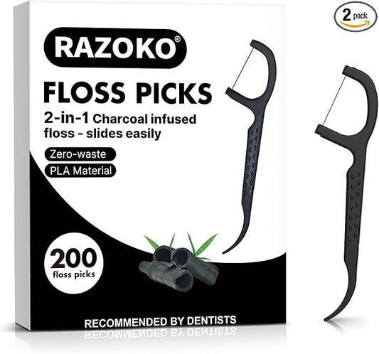 Natural Dental Floss Picks High Toughness Charcoal Toothpicks Sticks-Vegan,Eco-Friendly Sustainable Flossers for Teeth Cleaning (200 Count)
