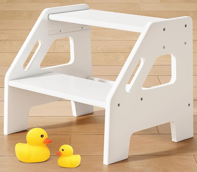 White Wood Toddler Step Stool for Bathroom Sink, 2 Step Kids Stool for Toilet Potty Training, Baby Child Stepping Stool with Handles for Toddlers Nursery Kitchen Counter (White)