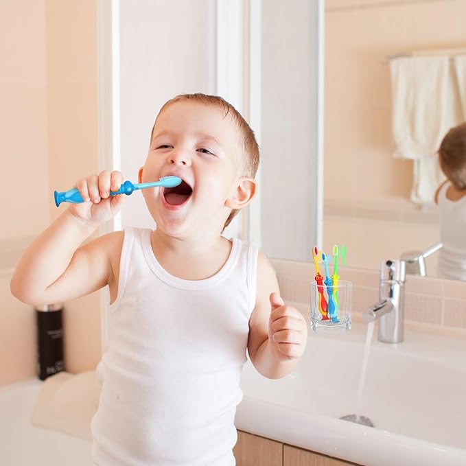 Newday Kids toothbrushes 6 Pack Soft Bristles Fun Lovely with Suction Cup, Includes Travel Covers, Animal toothbrushes for Kids Boys & Girls, Toddlers & Children's Teeth Age 3+, (Blue&Green&Red)